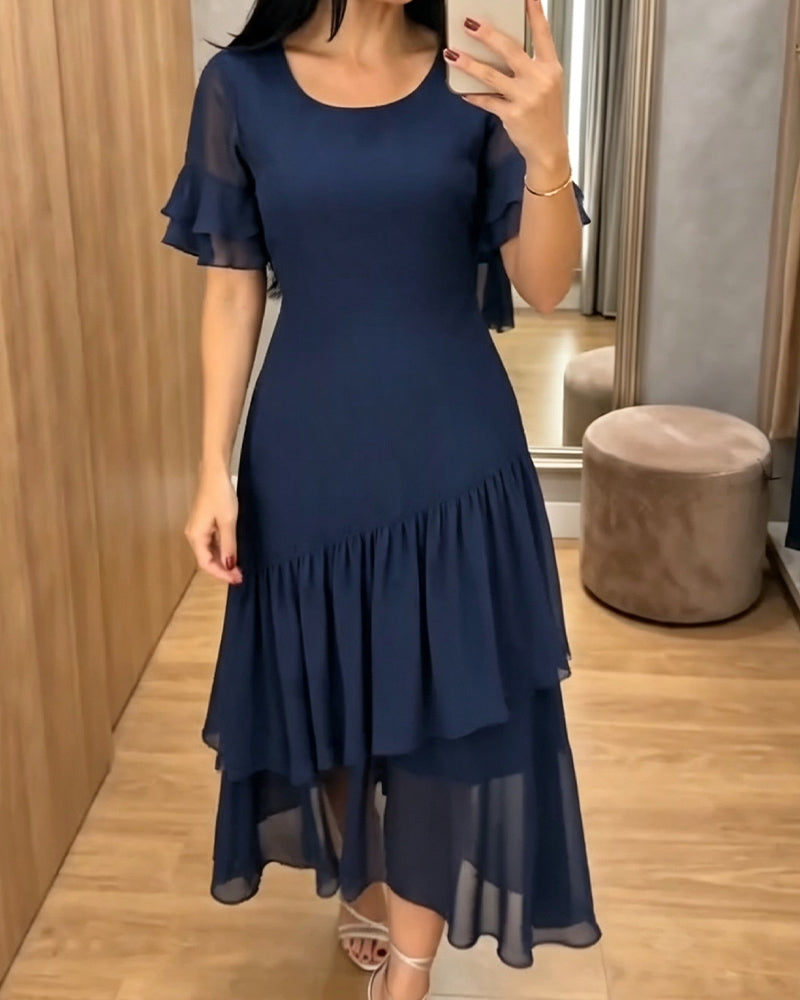 Crew Neck Ruffle Solid Dress