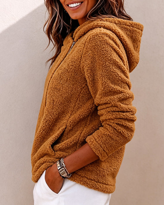Diagonal Zipper Hooded Solid Color Coat