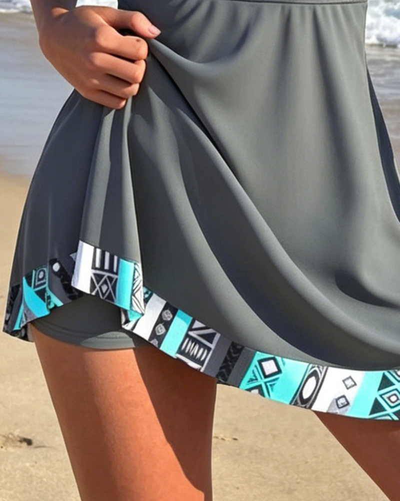 Sleeveless V-Neck Geometric Print Swimdress