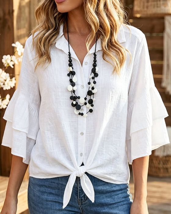 Shirt Collar Ruffle Tie Blouse