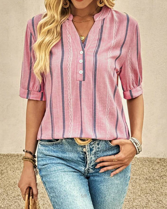 V-Neck Casual Striped Blouse