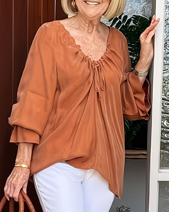 V-Neck Shirred Tie Casual Blouse