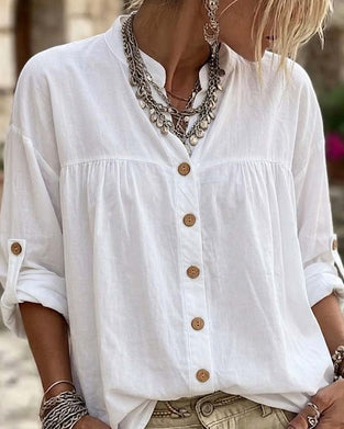 Stand Collar Long Sleeve Solid Color Button-Down Blouse