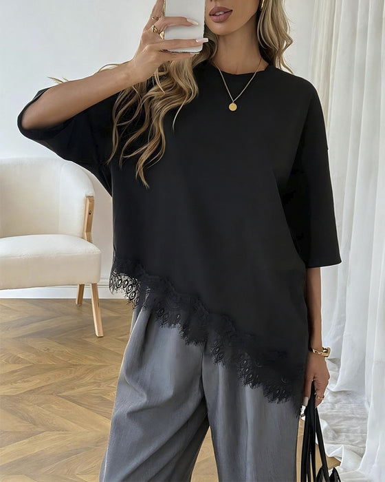Asymmetrical Lace Spliced Hem Short Sleeve Blouse