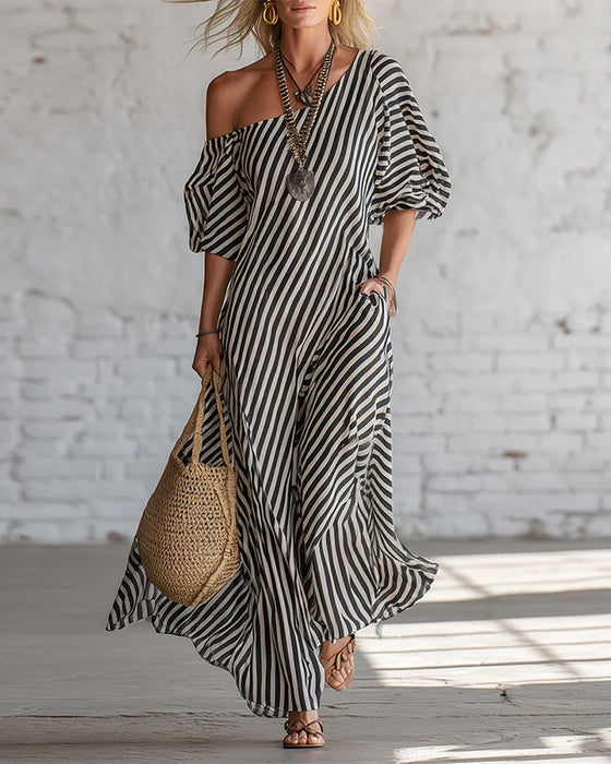 Off-The-Shoulder Striped Long Dress