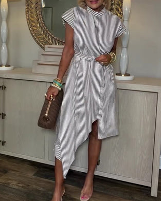 Vertical Stripe Belted Shirt Dress