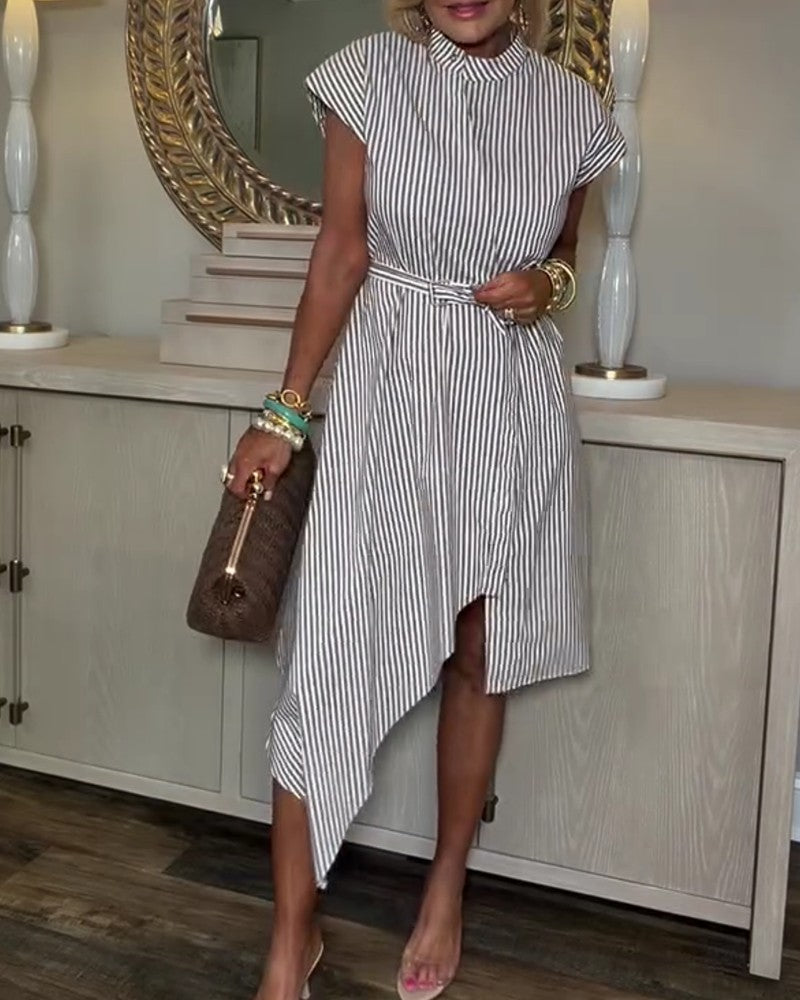 Vertical Stripe Belted Shirt Dress