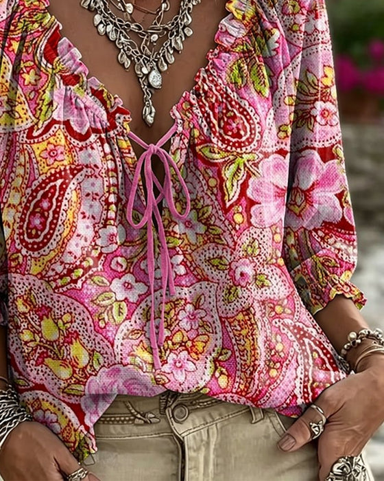 V-Neck Tie Print Bubble Sleeve Blouse