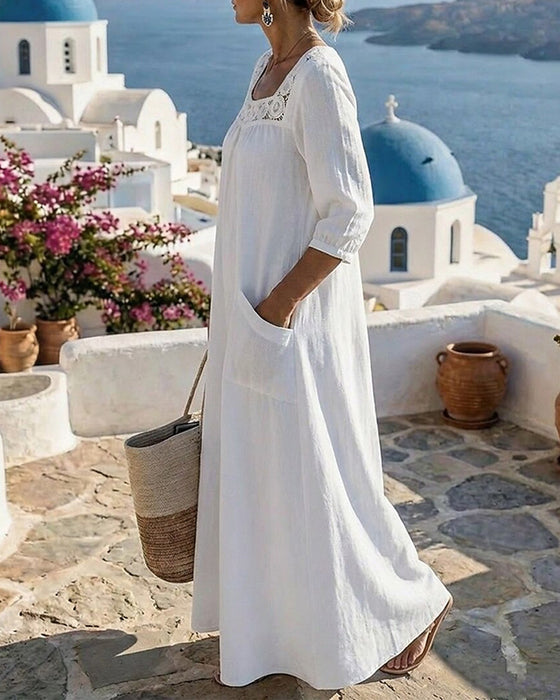 Square Neck Hollow Out Patch Pocket Solid Dress