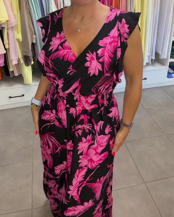 Tropical Floral V-Neck Fitted Waist Long Dress