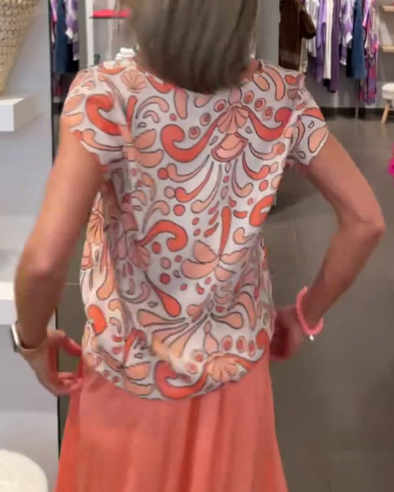 Printed V-neck raglan sleeves casual blouse