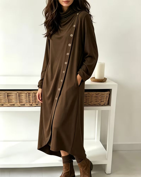 Cowl Neck Button Crossover Irregular Dress