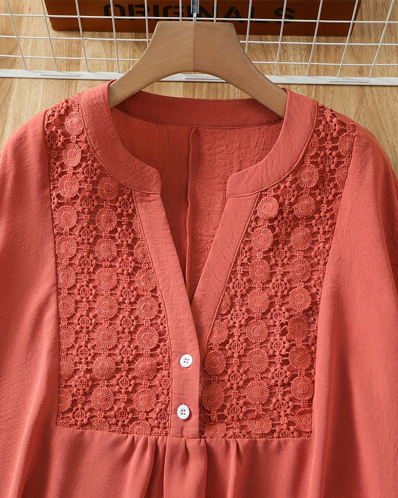 Lace Panel V-Neck Short Sleeve Blouse