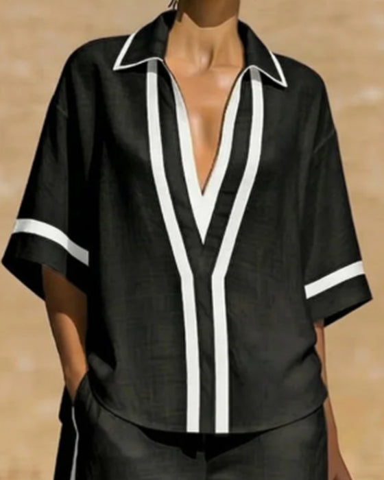Shirt Lapel Contrast Wide Leg Pant Two-Piece Set