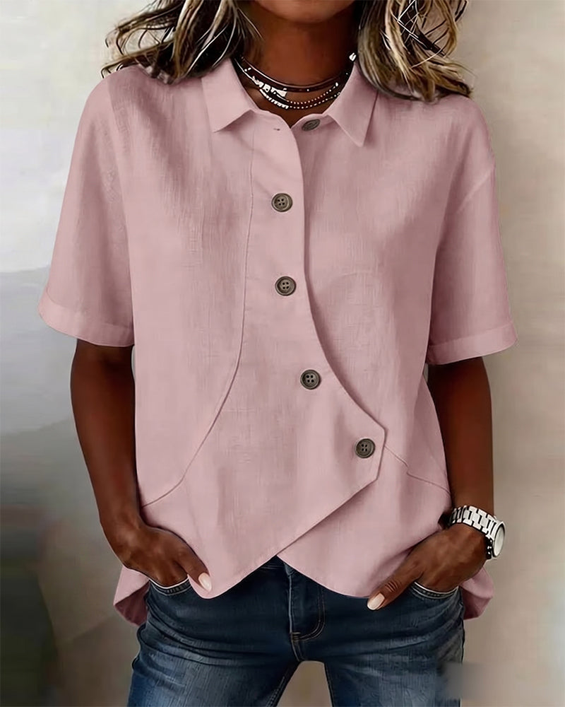 Asymmetrical Cotton Linen Placket Button-Down Shirt