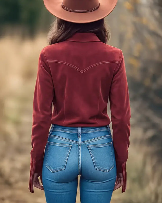 Lapel Shirt with Fringe Pocket Design
