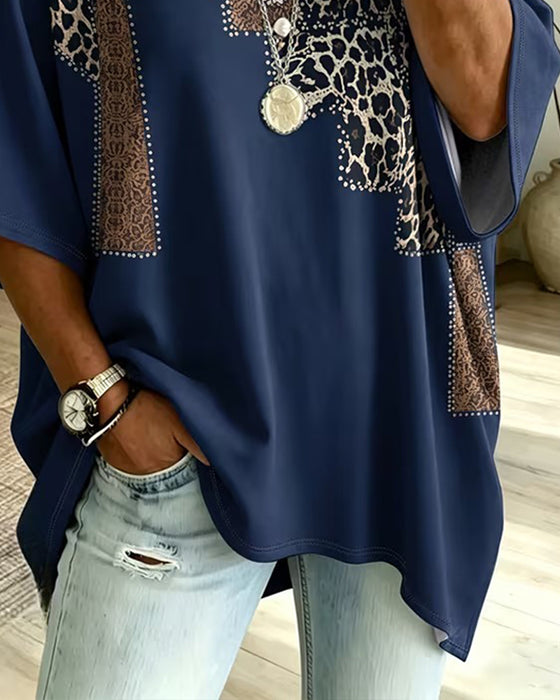 V-Neck Leopard Color Block Elbow-Length Sleeve T-Shirt
