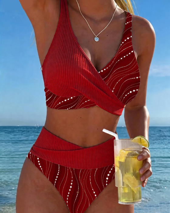 Deep V-Neck Line Patchwork Bikini