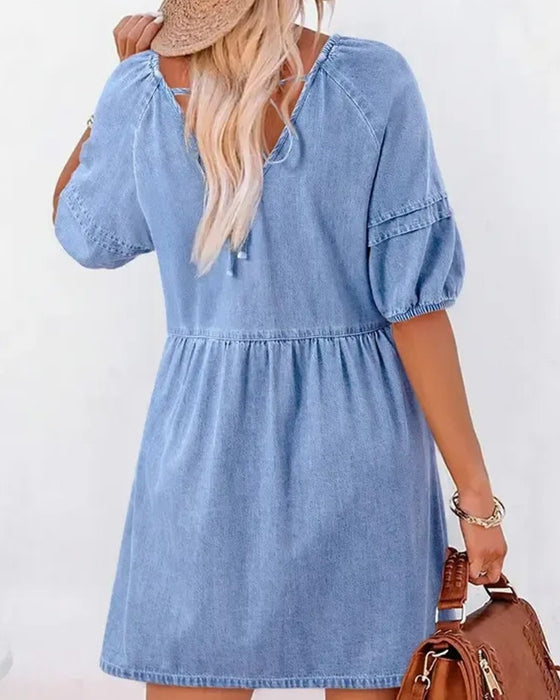 Denim V-Neck Puff Sleeve Dresses
