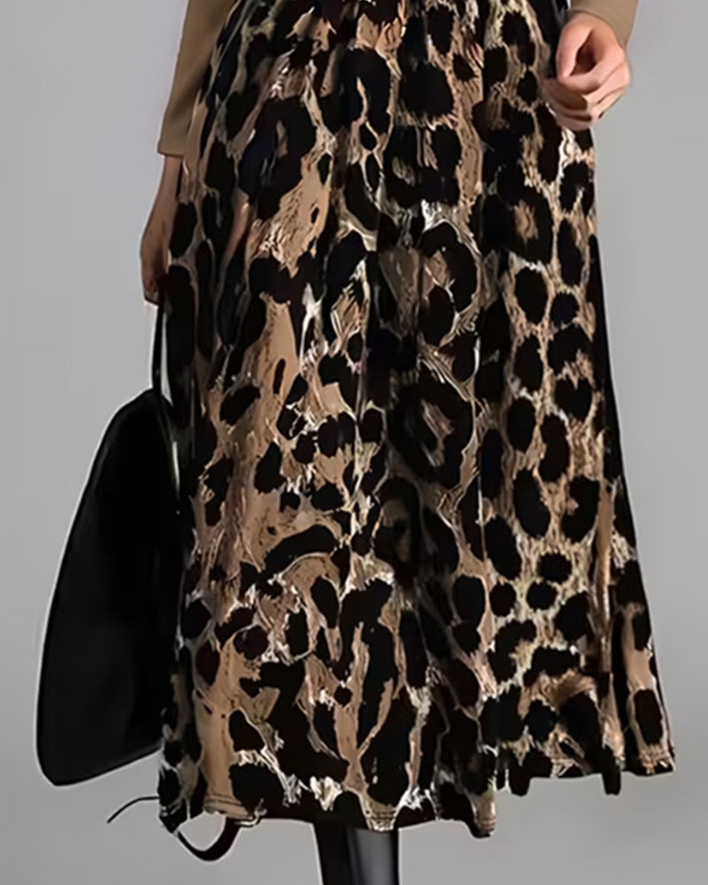Crew Neck Leopard Full Skirt Dress