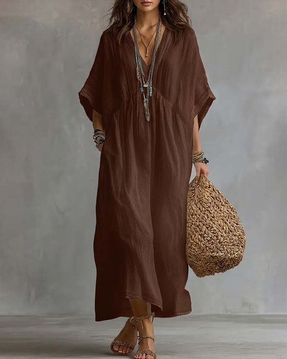 V-Neck Batwing Sleeve Flared Dress