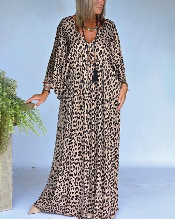 V-Neck Leopard Print Loose Fit Casual Dress