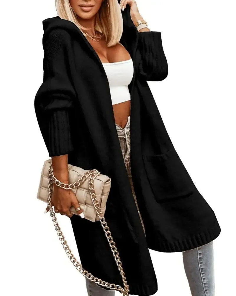 Hooded Pocket Open Front Knit Cardigan