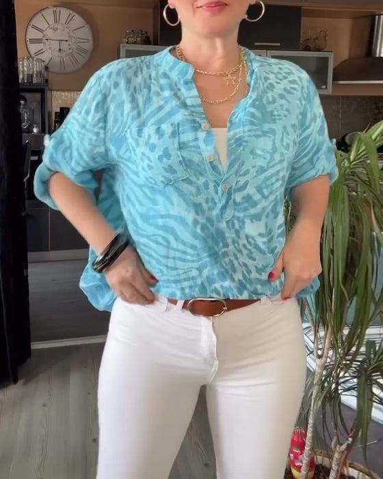 Printed V-neck pocket button three-quarter sleeves blouse