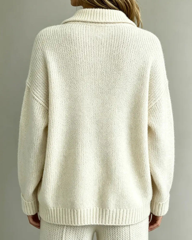 Lapel Buttoned Solid Color Pullover