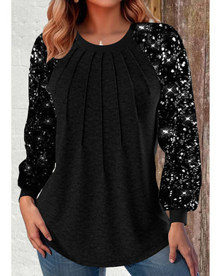 Lantern sleeve pleated sequined long sleeve top