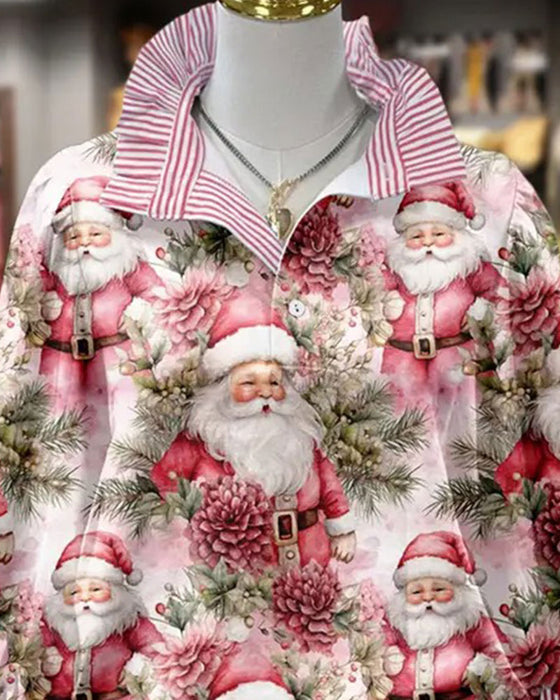 Turn-Down Collar Striped Ruffle Christmas Style Blouse