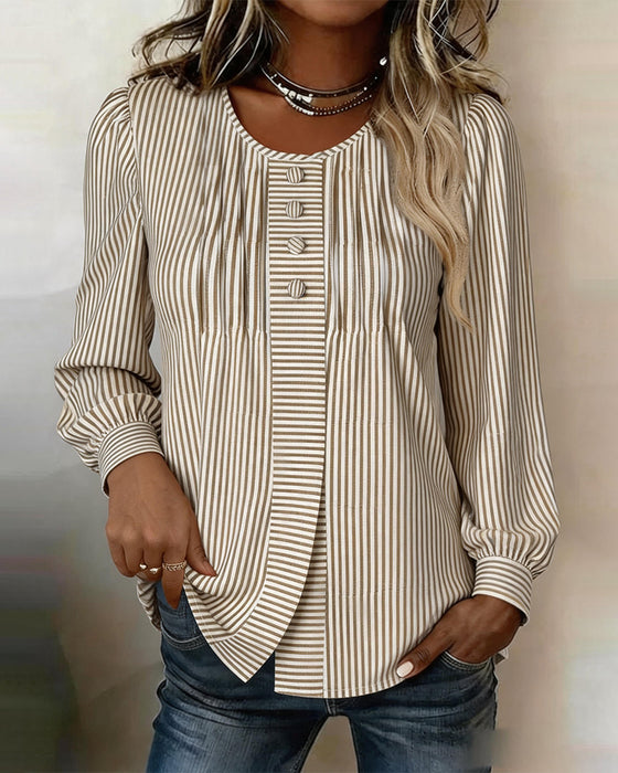Crew Neck Button Front Stripe Puff Sleeve Blouse