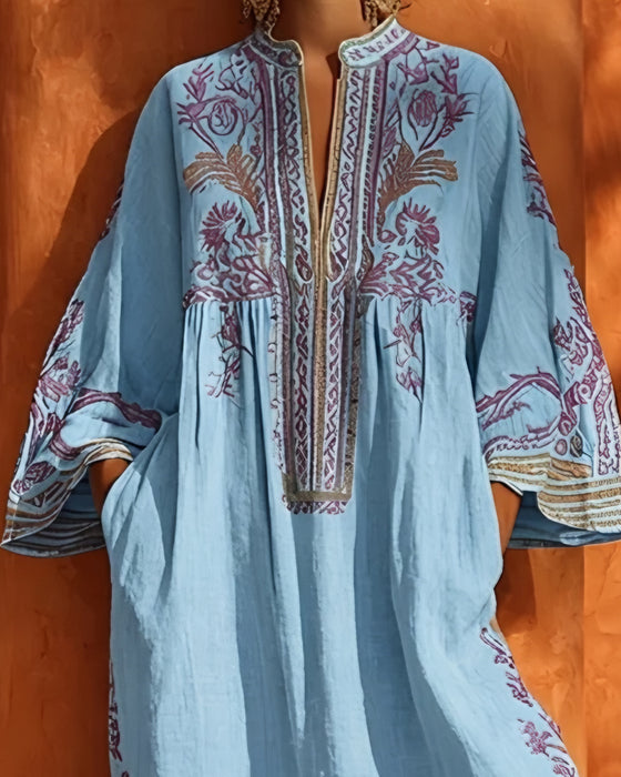 V-Neck Ethnic Print Loose Fit Dress