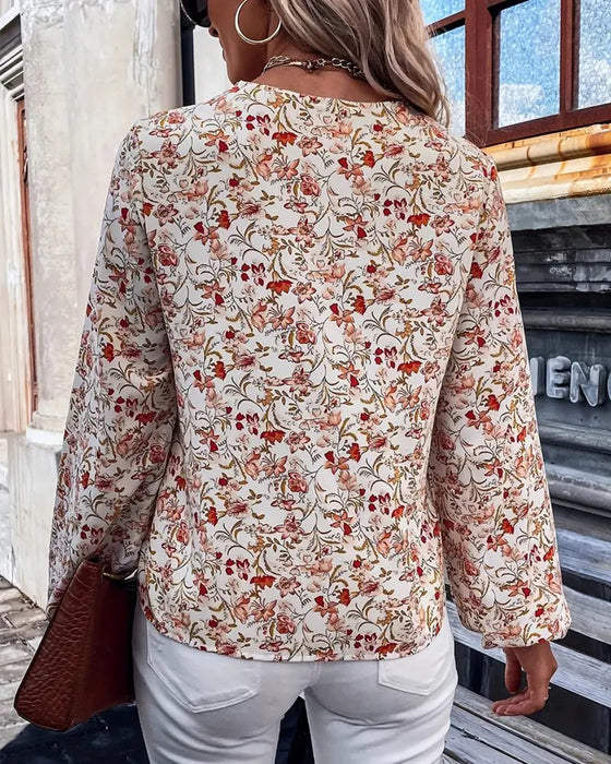 Casual V-Neck Printed Long-Sleeved T-Shirt