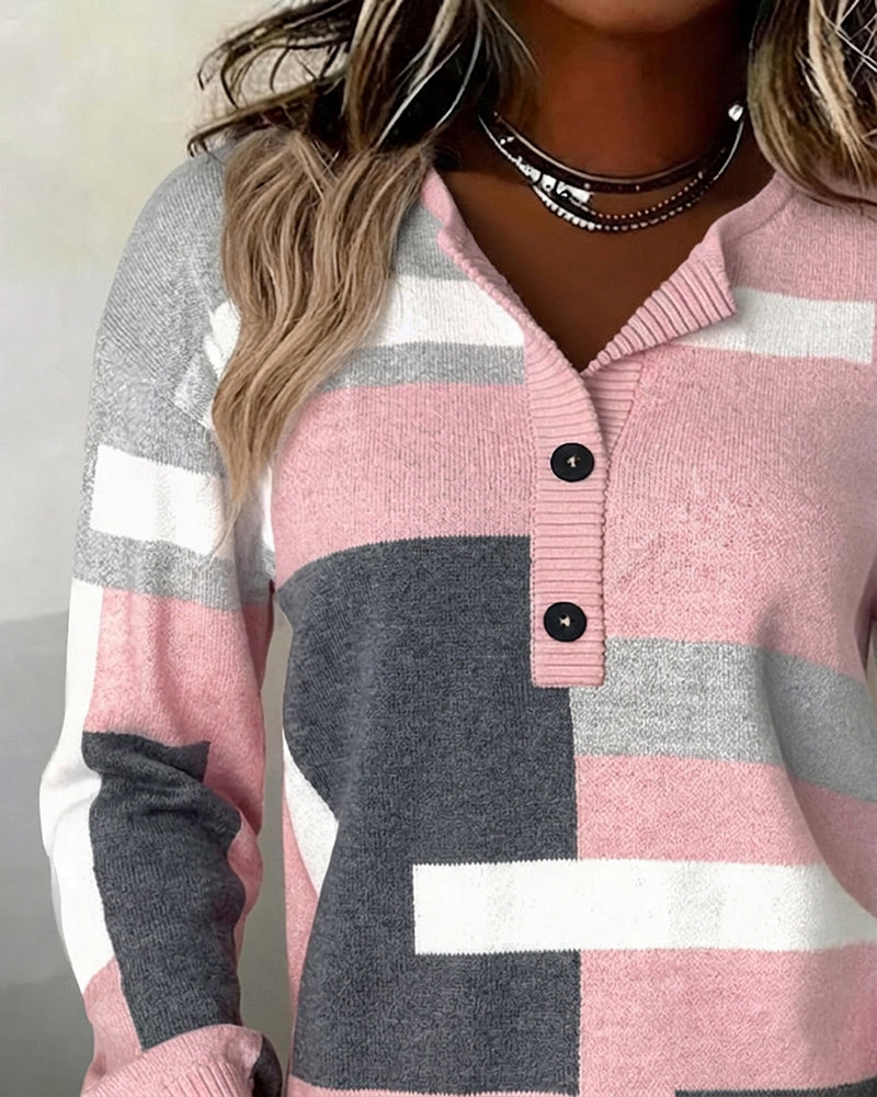 Checkered Button-Front Long-Sleeve Jumper
