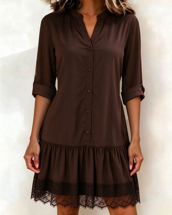 Stand Collar Patchwork Lace Hem Dress