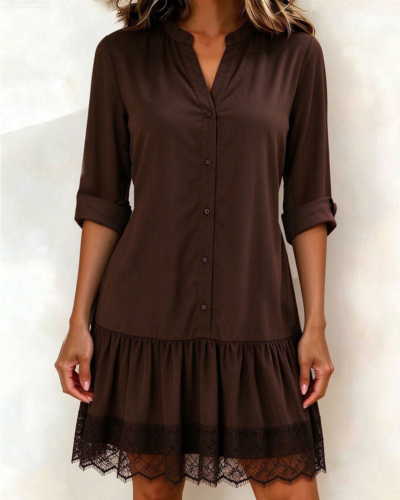 Stand Collar Patchwork Lace Hem Dress