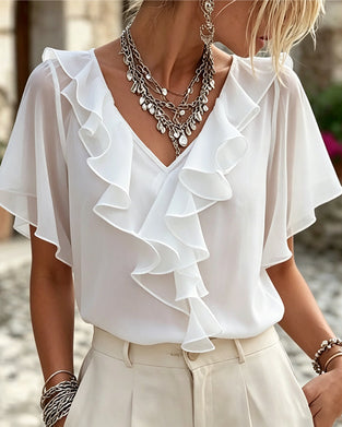 V-Neck Ruffle Solid Color Blouse
