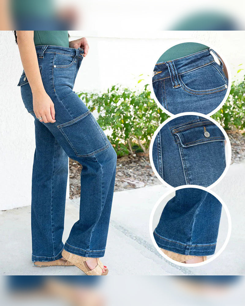 High Rise Cargo Wide-Leg Stretch Jeans for Women