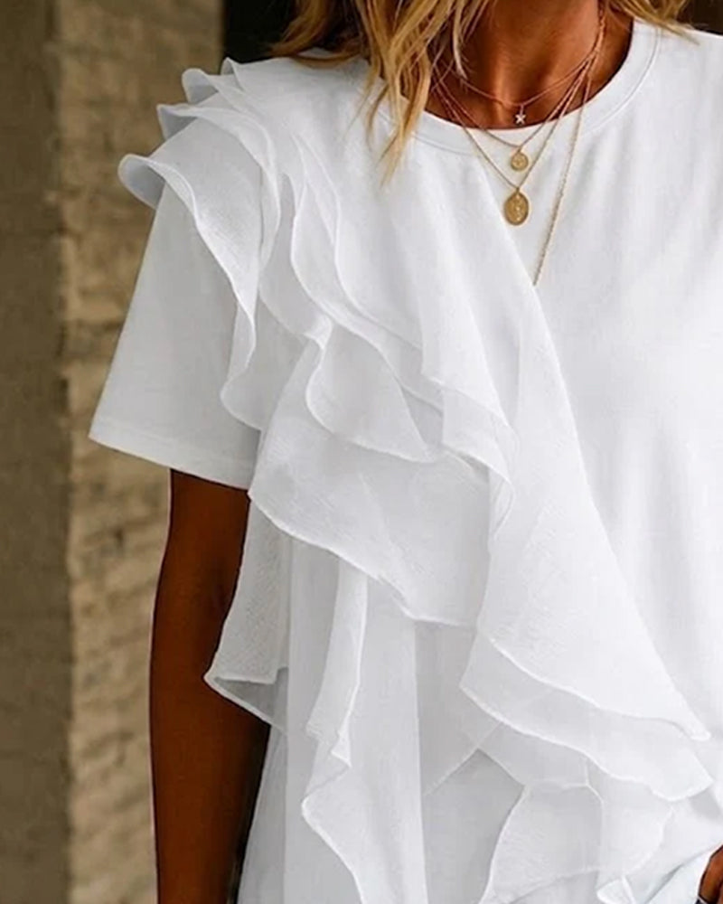 Crew Neck Ruffle Irregular T-Shirt
