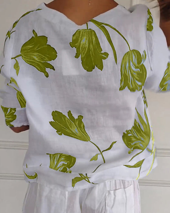 Floral print cotton and linen button-down top