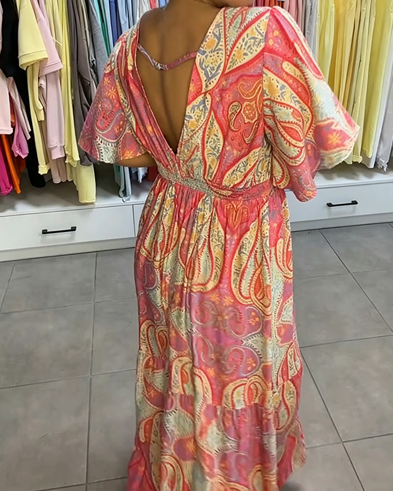 V-Neck Ruffle Print Dress