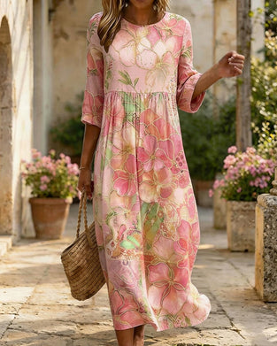 Watercolor Floral Three-Quarter Sleeve Full Skirt Maxi Dress