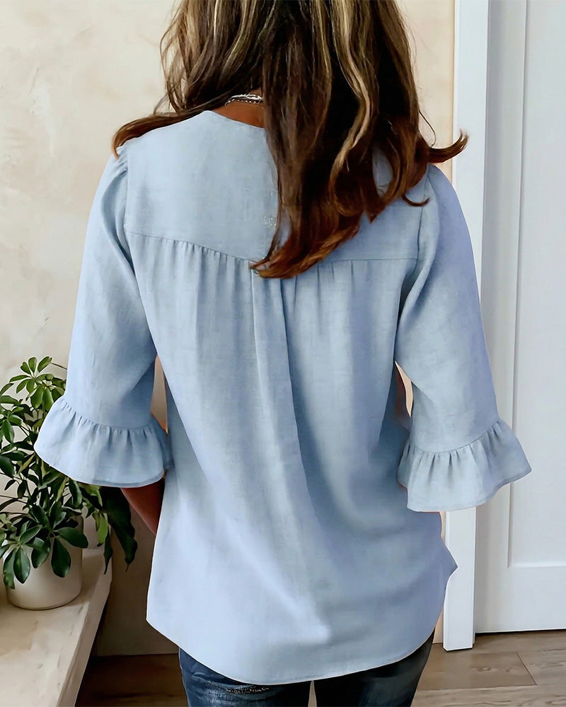 Solid-Color Cotton-Linen Wooden Buttons Ruffles Blouses