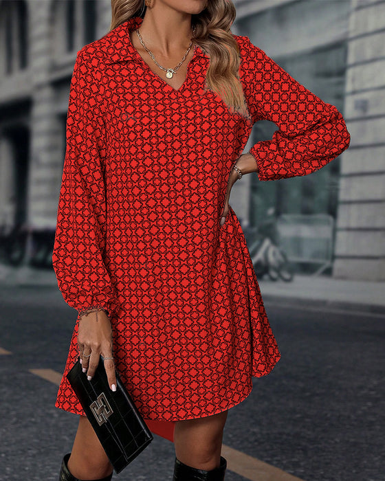 Lapel Long Sleeve Printed Dress