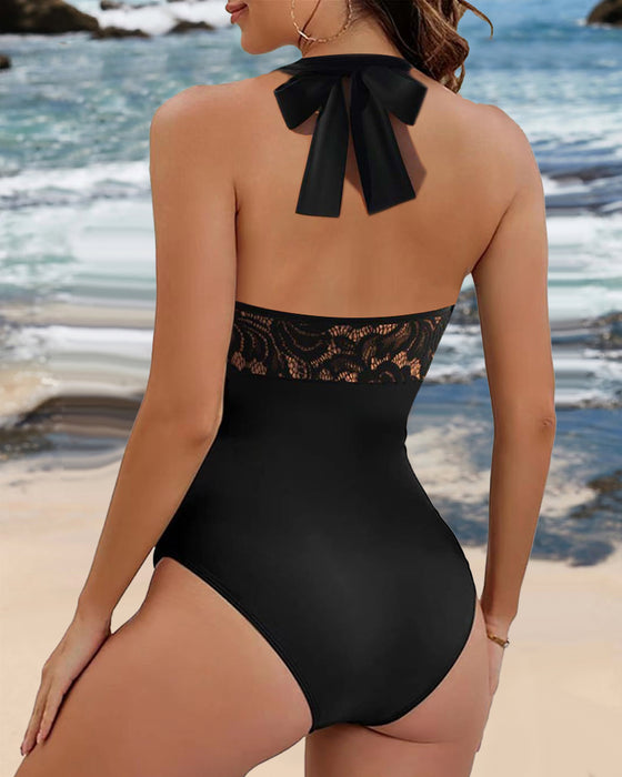 Halterneck lace pleated one-piece swimsuit