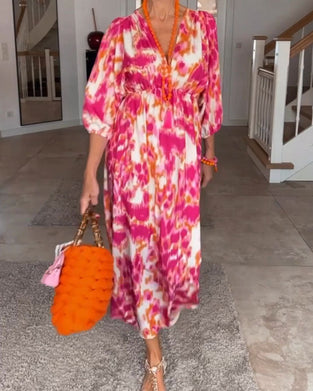Fashion print v neck 3/4 sleeve dress