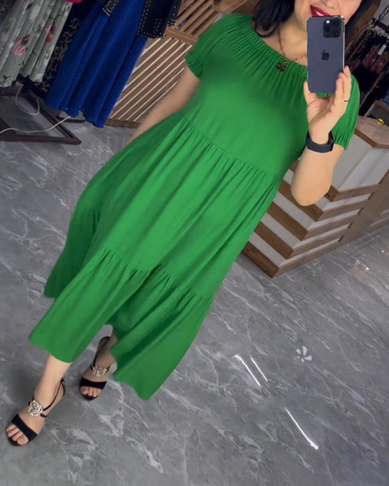 Solid color round neck short sleeve dress