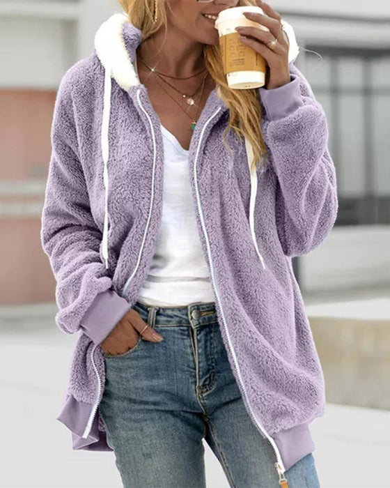Loose warm zip hooded jacket