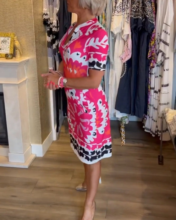 Short-sleeve printed v-neck dress